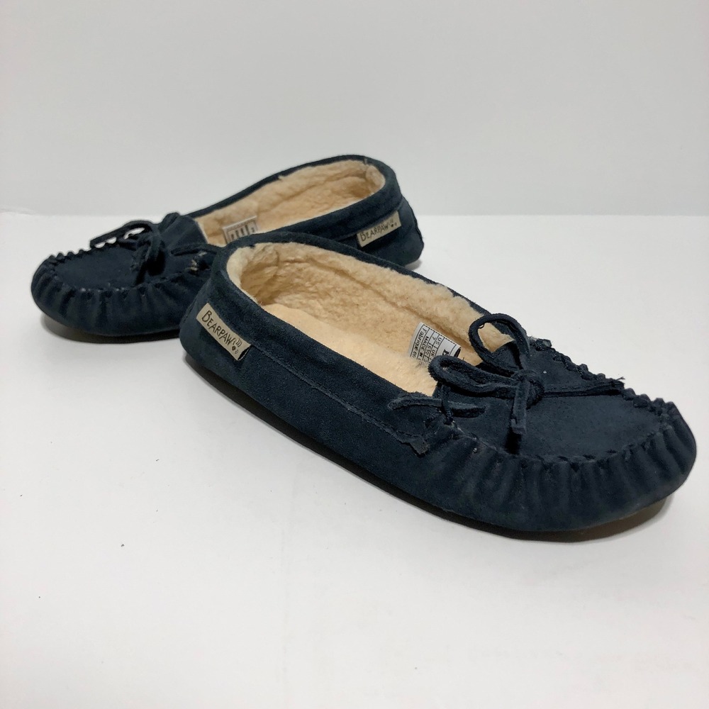 Bearpaw Womens Moccasin Slippers Navy Blue Suede Wool Lined Shoes Size 7